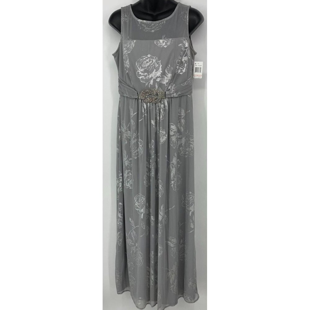 MSK Shift Dress Size 2 Silver Gray Floral Sleeveless Foil Belted Trim Women New
